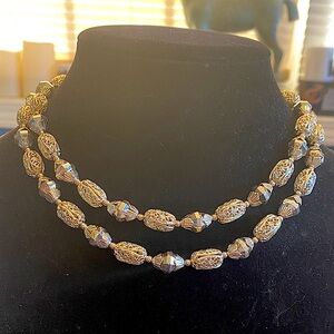 Japan 2 Strand Gold Tone Filigree Beaded Necklace.